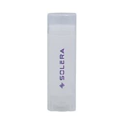 A transparent lip balm container with a white balm inside and a purple logo.