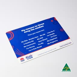 A colourful promotional card with various reasons to quit smoking, featuring bold text in blue and red, and a logo at the bottom.