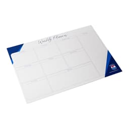 A magnetic whiteboard weekly planner in white with blue corners, featuring sections for each day of the week.