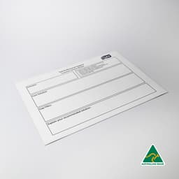 A magnetic whiteboard in white with a logo, featuring sections for notes and recommendations.
