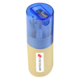 A pencil set featuring a range of coloured pencils stored in a transparent sharpener container.