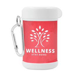 A pink antibacterial wipes canister featuring a white logo and a silver carabiner for easy attachment.