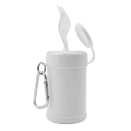 A white antibacterial wipes canister with a flip-top lid and a carabiner attachment.