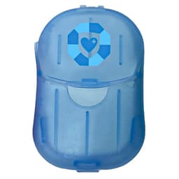 A blue promotional product featuring a compact design and a logo on the front.