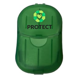 A green protective case with a logo, featuring a secure snap closure.