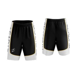 Basketball shorts in black with white and yellow accents, featuring a logo on the side.