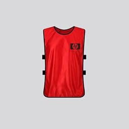 A red soccer vest designed for sports uniforms, featuring a logo and adjustable straps on the sides.