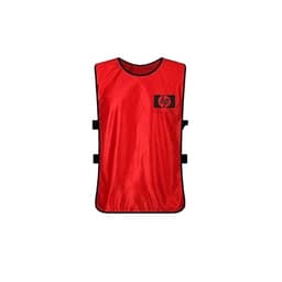 A red sports vest featuring a logo, with adjustable straps on the sides.