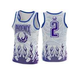A sports singlet featuring a blue and white design with flame graphics and a logo, displaying the number 2 on the back.