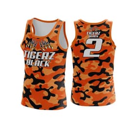 A sports singlet featuring a vibrant orange camouflage pattern with a logo and the number 2 on the back.