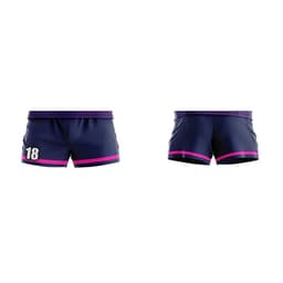 Navy rugby/AFL shorts with pink trim and a number on the side. Features a logo on one side.