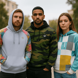 Three models wearing pullover hoodies in various styles: a light grey hoodie with floral sleeves, a green camo hoodie, and a colourful patterned hoodie.