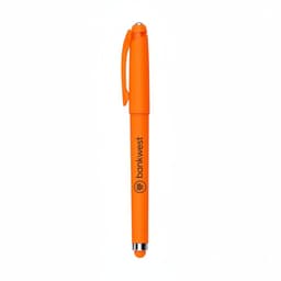 An orange fidget gel pen with a logo. The pen features a smooth barrel and a stylus tip.