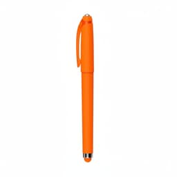 An orange gel pen with a smooth finish and a clip, featuring a logo on its barrel.