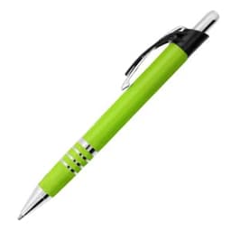 A green metal pen with a silver clip and decorative rings. The pen features a branded logo.