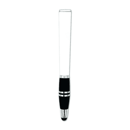 A black stylus pen with a sleek design and chrome accents. The top is smooth and clear. It features a logo.