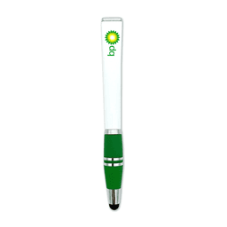 A white stylus pen with a green bottom, featuring a logo. Elegant and simple design for writing.