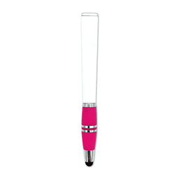 A pink stylus pen with a clear barrel and chrome accents, featuring a branding logo on the barrel.