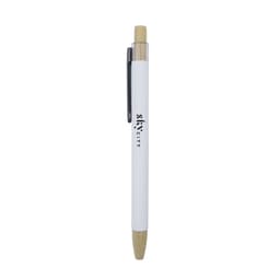 Abele Bamboo Click Pen in white with a bamboo tip and clip, featuring a logo.