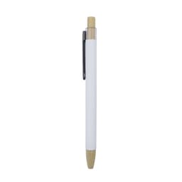 A white pen with a bamboo tip and clip, featuring a sleek design and a logo.