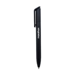 A black ballpoint pen with a clip and a logo on its side.
