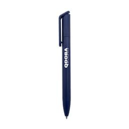 A dark blue ballpoint pen with a clip and a logo on the barrel.