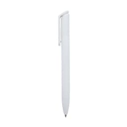 A sleek white ballpoint pen featuring a clip and a simple design, with a branding logo visible.