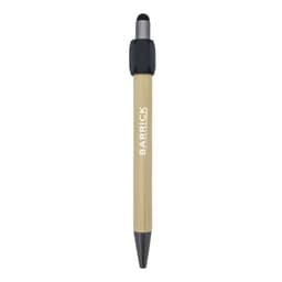 A bamboo spinner pen with a black tip and grip, featuring a logo on its barrel.