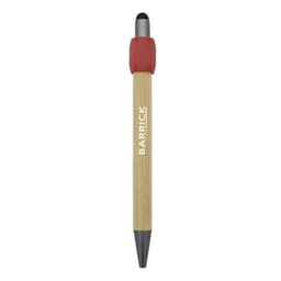 A bamboo rollerball pen with a red cap and black tip, featuring branding on the barrel.