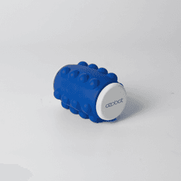 A blue Whirl Popper Spinner with a white top and bottom, featuring a logo on one side.