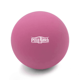 A pink high bounce ball with a logo on one side, designed for fun and games.