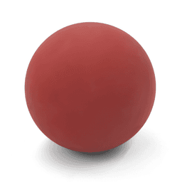 A red bouncy ball with a smooth surface, featuring a simple design and a logo.