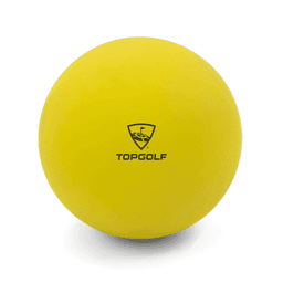 A bright yellow high bounce ball with a logo on one side.