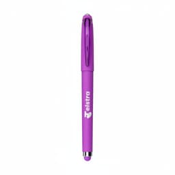 A purple fidget gel pen with a clip and a logo. The pen features a smooth design and a rounded tip.