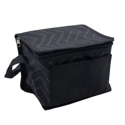 A black cooler bag with a zippered top and front pocket, featuring a patterned design and a handle.