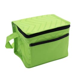 A green cooler bag with a zippered top and a front pocket, featuring a handle for easy carrying.