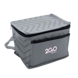 A grey cooler bag with a chevron pattern and a side pocket, featuring a logo on the front.