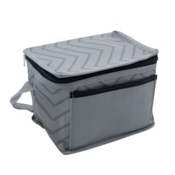 A grey cooler bag with a chevron pattern, featuring a zippered top and a front pocket. It has an attached handle.