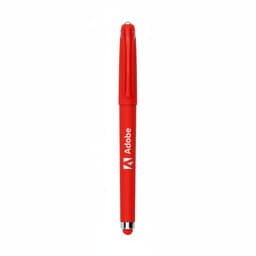 A red gel pen featuring a logo and a stylus tip at the end.