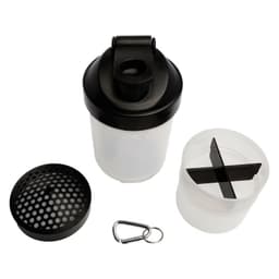 A drink bottle featuring a clear body with a black lid, removable compartment, and a keyring attachment.