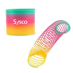 A rainbow-coloured slinky spiral toy with a vibrant gradient from pink to yellow and green. It comes with a branded container.