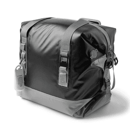 A foldable cooler bag featuring a sleek black and grey design with zippers and straps. It includes a side bottle holder.