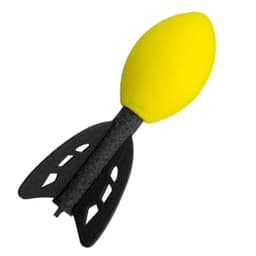 A foam rocket toy in bright yellow and black, featuring a streamlined design and wing-like fins.