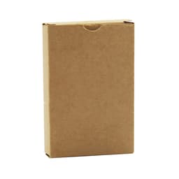 A brown cardboard box containing eco-friendly playing cards, featuring a simple design and a logo.