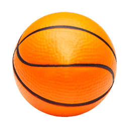 An orange squeeze basketball with black lines, designed as a stress ball. It has a textured surface.