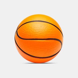 An orange stress ball shaped like a basketball, featuring black lines and a textured surface.