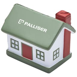 A stress toy shaped like a house, featuring a green roof, red door, and a logo on the front.