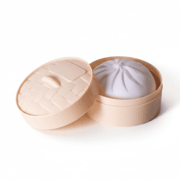 A squishy bun toy in a light peach round container with a lid, resembling a dim sum steamer.