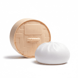 A squishy toy shaped like a steamed bun, featuring a round, woven base and a white bun-like top.