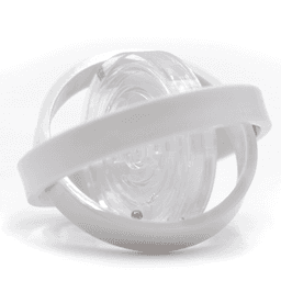 A clear fidget toy with a white band encircling a spinning inner component. Features a smooth, transparent design.